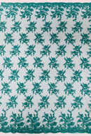 Floral Cluster Corded Fabric - Teal - Fancy Flower Embroidery Lace Mesh Fabric By Yard