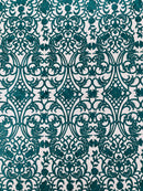 Damask Fancy Design - Teal - Embroidered Black Mesh Damask Design Lace Fabric Sold by Yard