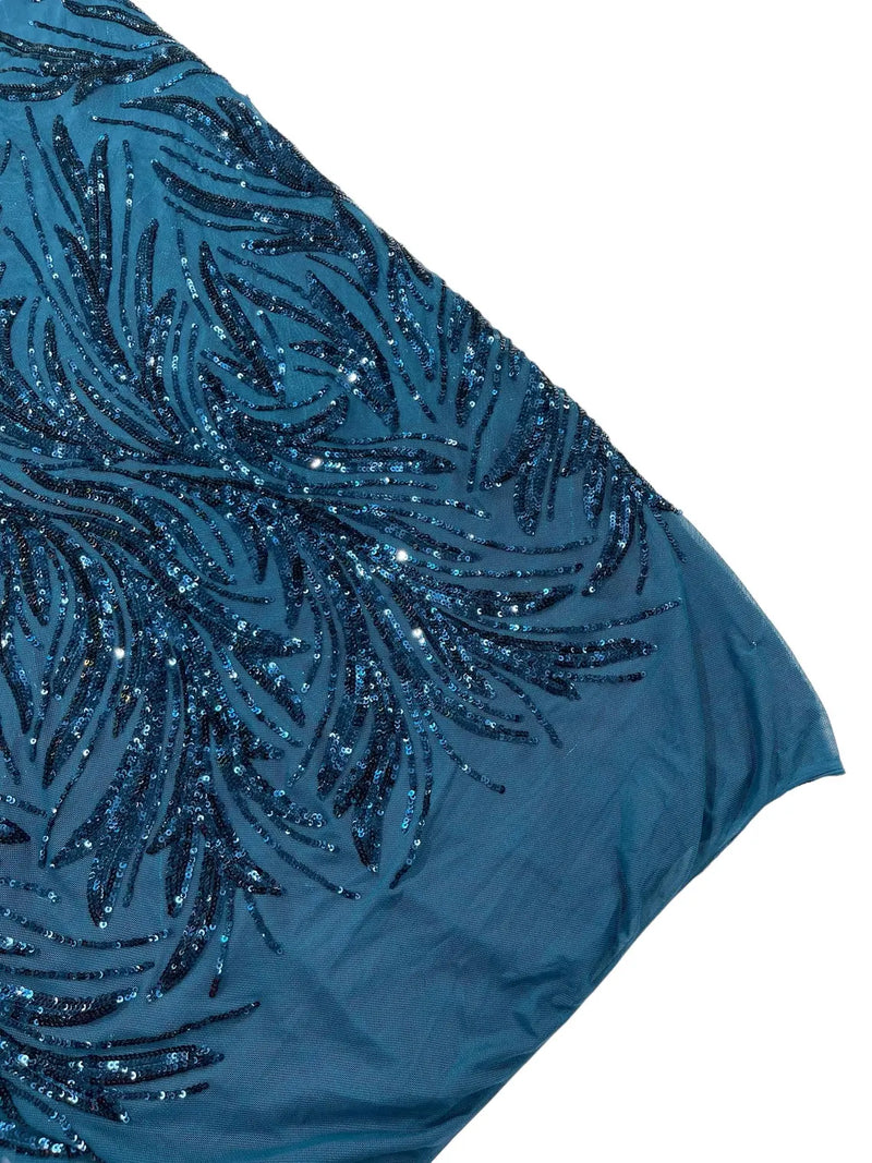 Leaf Stretch Sequins Fabric - Teal - 4 Way Stretch Sequins on Lace Mesh Fabric by Yard