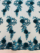 3D Floral Cluster with Border Lace - Teal - Flower with Leaves Design 3D Fabrics Sold By Yard