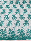 Floral Cluster Corded Fabric - Teal - Fancy Flower Embroidery Lace Mesh Fabric By Yard