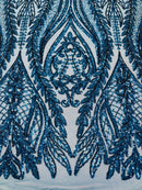 Mermaid Design Fabric - Teal - 4 Way Stretch Sequins Fabric on Lace Mesh Sold By Yard