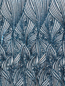Curvy Design Sequins Fabric - Teal - 4 Way Stretch Curvy Sequins Design Mesh Fabric by Yard
