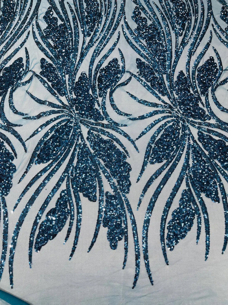 Wavy Leaf Design Fabric - Teal - 4 Way Stretch Sequins Lace Mesh Leaf Design Fabric by Yard