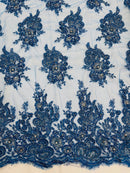 Beaded Rhinestone Fabric - teal Blue - Floral Rhinestone Beaded Design with Fancy Border Sold By Yard