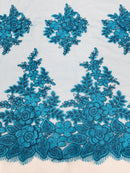 Flower 3D Corded Fabric - Teal - Lace Mesh Fabric Embroidered Floral Design by Yard
