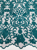 Damask Fancy Design - Teal - Embroidered Black Mesh Damask Design Lace Fabric Sold by Yard
