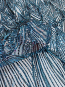 Curvy Design Sequins Fabric - Teal - 4 Way Stretch Curvy Sequins Design Mesh Fabric by Yard