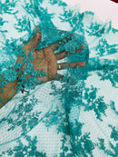 Floral Cluster Corded Fabric - Teal - Fancy Flower Embroidery Lace Mesh Fabric By Yard