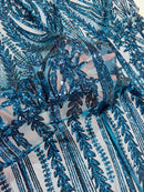 Mermaid Design Fabric - Teal - 4 Way Stretch Sequins Fabric on Lace Mesh Sold By Yard