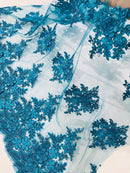 Flower 3D Corded Fabric - Teal - Lace Mesh Fabric Embroidered Floral Design by Yard