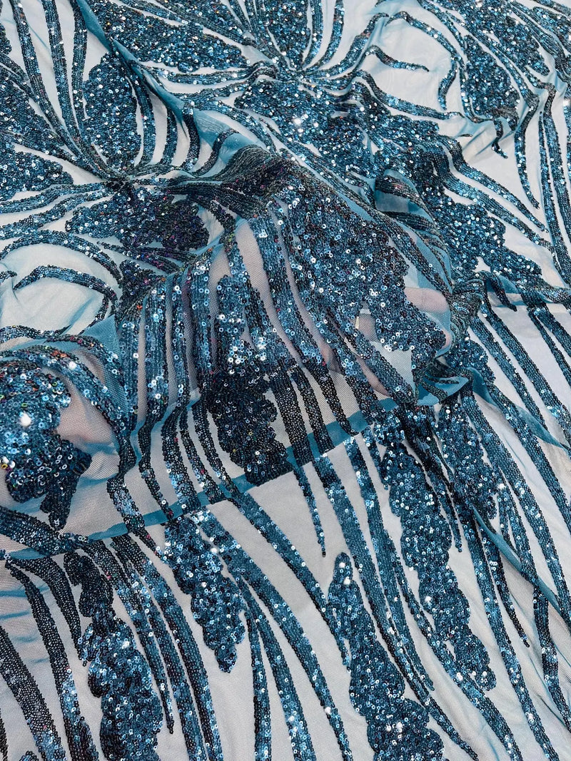 Wavy Leaf Design Fabric - Teal - 4 Way Stretch Sequins Lace Mesh Leaf Design Fabric by Yard