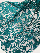 Damask Fancy Design - Teal - Embroidered Black Mesh Damask Design Lace Fabric Sold by Yard