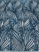 Curvy Design Sequins Fabric - Teal - 4 Way Stretch Curvy Sequins Design Mesh Fabric by Yard