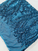 Mermaid Design Fabric - Teal - 4 Way Stretch Sequins Fabric on Lace Mesh Sold By Yard