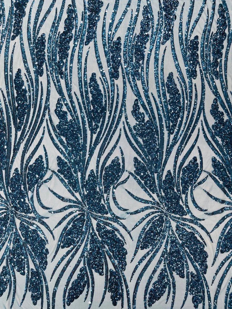 Wavy Leaf Design Fabric - Teal - 4 Way Stretch Sequins Lace Mesh Leaf Design Fabric by Yard