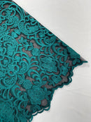 Damask Fancy Design - Teal - Embroidered Black Mesh Damask Design Lace Fabric Sold by Yard