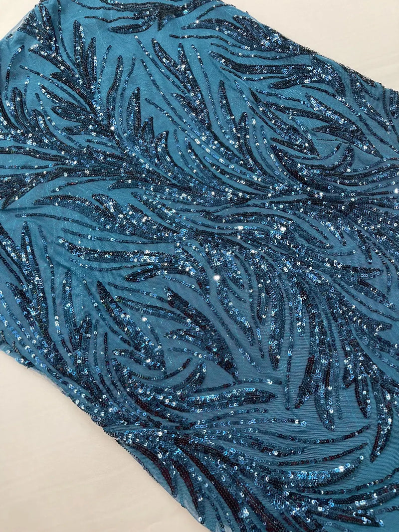 Leaf Stretch Sequins Fabric - Teal - 4 Way Stretch Sequins on Lace Mesh Fabric by Yard