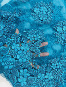 Flower 3D Corded Fabric - Teal - Lace Mesh Fabric Embroidered Floral Design by Yard
