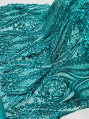 Mermaid Design Fabric - Teal Green - 4 Way Stretch Sequins Fabric on Lace Mesh Sold By Yard