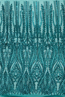 Mermaid Design Fabric - Teal Green - 4 Way Stretch Sequins Fabric on Lace Mesh Sold By Yard