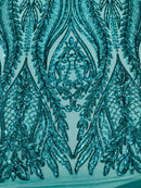 Mermaid Design Fabric - Teal Green - 4 Way Stretch Sequins Fabric on Lace Mesh Sold By Yard