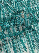 Mermaid Design Fabric - Teal Green - 4 Way Stretch Sequins Fabric on Lace Mesh Sold By Yard