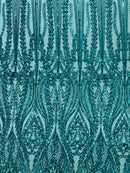 Mermaid Design Fabric - Teal Green - 4 Way Stretch Sequins Fabric on Lace Mesh Sold By Yard