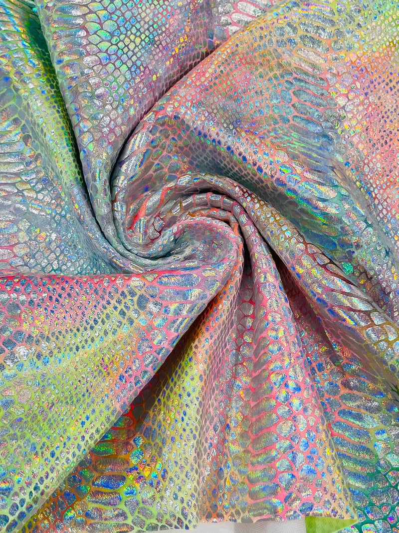 Anaconda Foil Velvet - Silver Iridescent - Shiny Foil Velvet Anaconda Snake Print Fabric Sold By The Yard