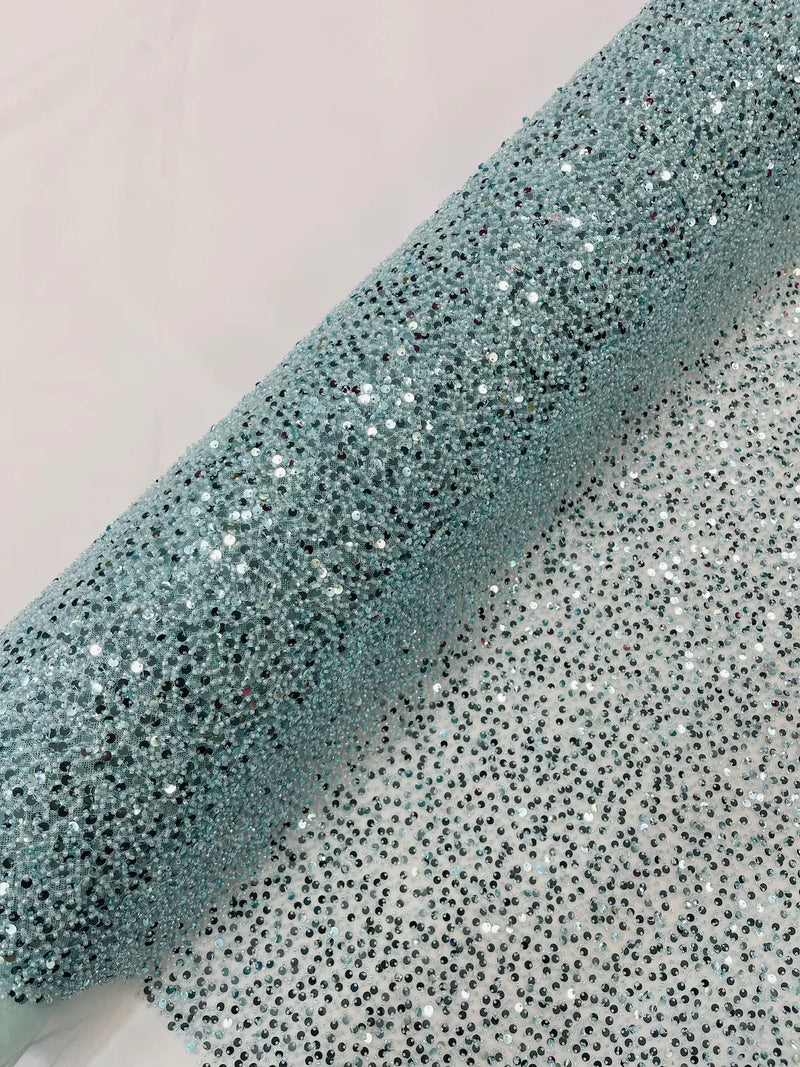 Beaded Sequins Pearl Fabric - Tiffany Blue - Embroidered Pearl Beads and Sequins on Lace By Yard