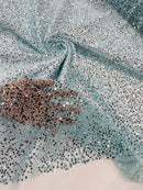 Beaded Sequins Pearl Fabric - Tiffany Blue - Embroidered Pearl Beads and Sequins on Lace By Yard