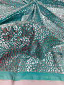 Cheetah Print Spandex Fabric - Tiffany / Silver -  4 Way Stretch Foil Spandex Fabric By Yard