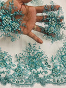 Floral Beaded Gaviota Fabric - Tiffany Blue - Beaded Floral Design Embroidered On Mesh Sold By Yard