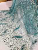 Fire Flame Bead Fabric - Tiffany Blue - Sequins and Beads in Fire Flame Design on Mesh by Yard