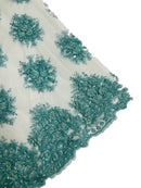 Floral Beaded Gaviota Fabric - Tiffany Blue - Beaded Floral Design Embroidered On Mesh Sold By Yard