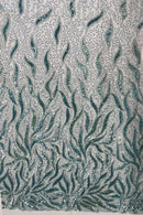 Fire Flame Bead Fabric - Tiffany Blue - Sequins and Beads in Fire Flame Design on Mesh by Yard