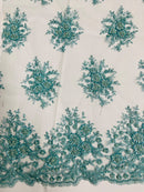 Floral Beaded Gaviota Fabric - Tiffany Blue - Beaded Floral Design Embroidered On Mesh Sold By Yard