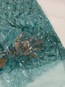 Fire Flame Bead Fabric - Tiffany Blue - Sequins and Beads in Fire Flame Design on Mesh by Yard