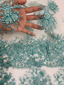 Floral Beaded Gaviota Fabric - Tiffany Blue - Beaded Floral Design Embroidered On Mesh Sold By Yard