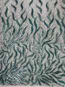 Fire Flame Bead Fabric - Tiffany Blue - Sequins and Beads in Fire Flame Design on Mesh by Yard