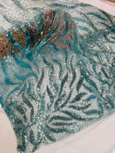 Fire Flame Bead Fabric - Tiffany Blue - Sequins and Beads in Fire Flame Design on Mesh by Yard