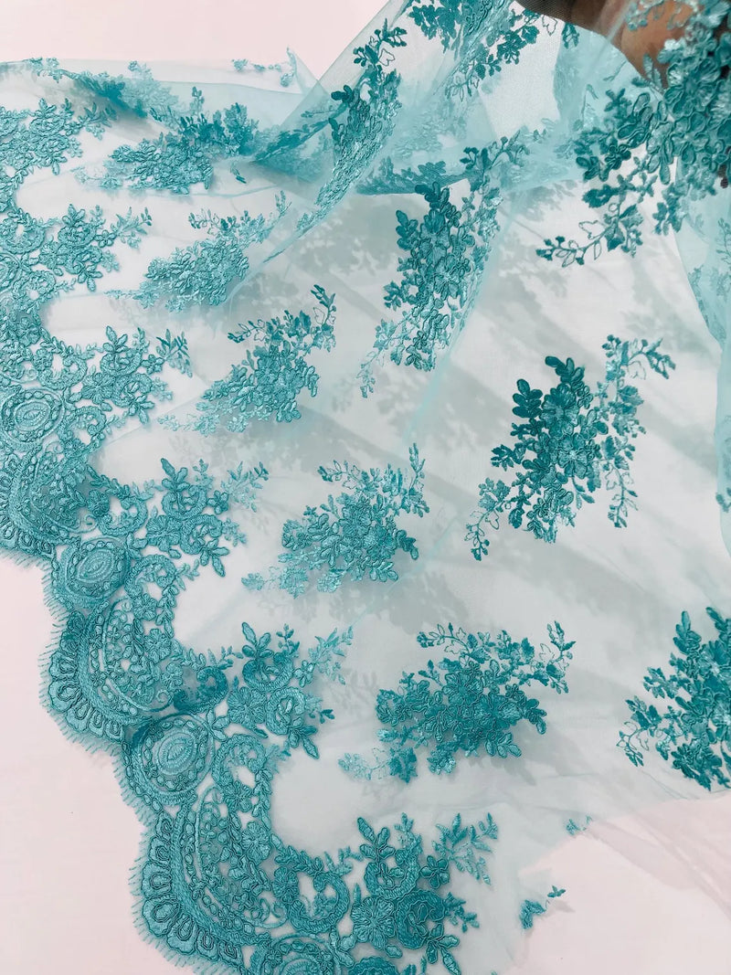 Damask Flower Lace Fabric - Tiffany Green - Damask Flowers Embroidered on Lace Fabric By Yard