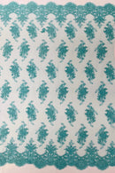 Damask Flower Lace Fabric - Tiffany Green - Damask Flowers Embroidered on Lace Fabric By Yard