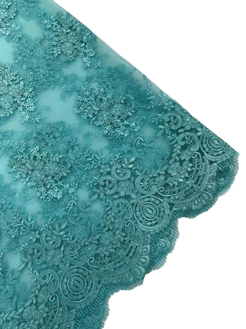 Damask Flower Lace Fabric - Tiffany Green - Damask Flowers Embroidered on Lace Fabric By Yard