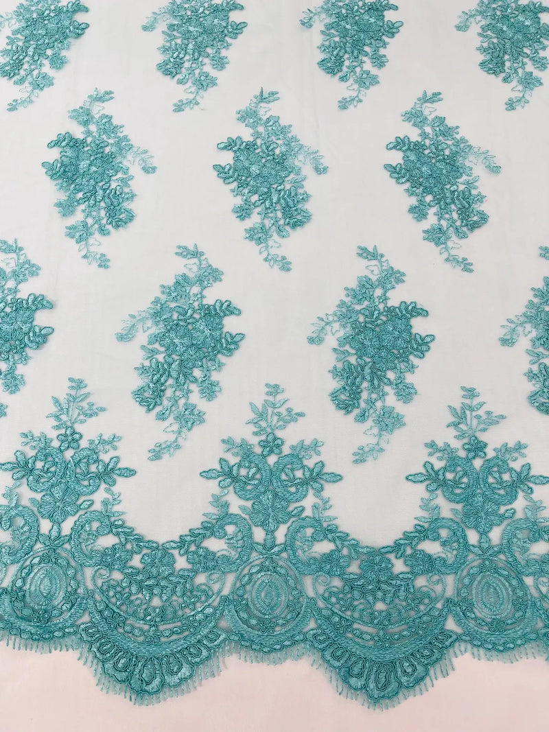 Damask Flower Lace Fabric - Tiffany Green - Damask Flowers Embroidered on Lace Fabric By Yard