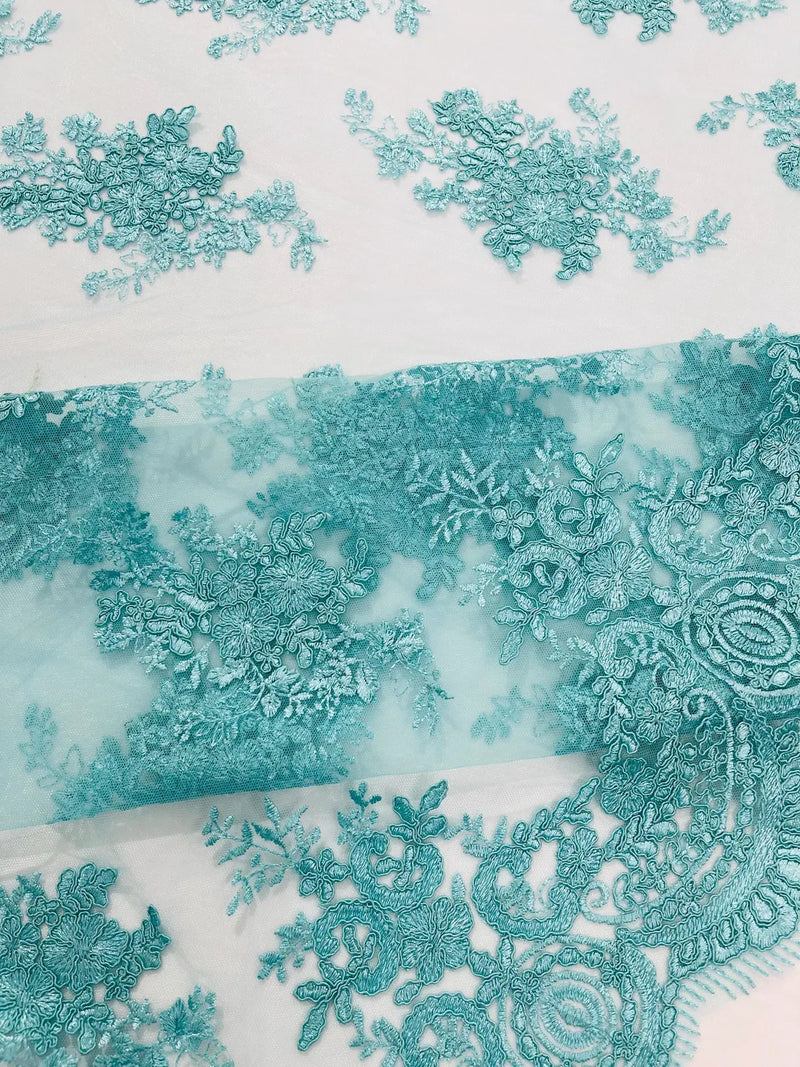 Damask Flower Lace Fabric - Tiffany Green - Damask Flowers Embroidered on Lace Fabric By Yard