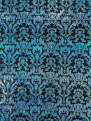 Metallic Damask Spandex - Turquoise / Black - Holographic Poly Spandex Stretch Damask Fabric By Yard