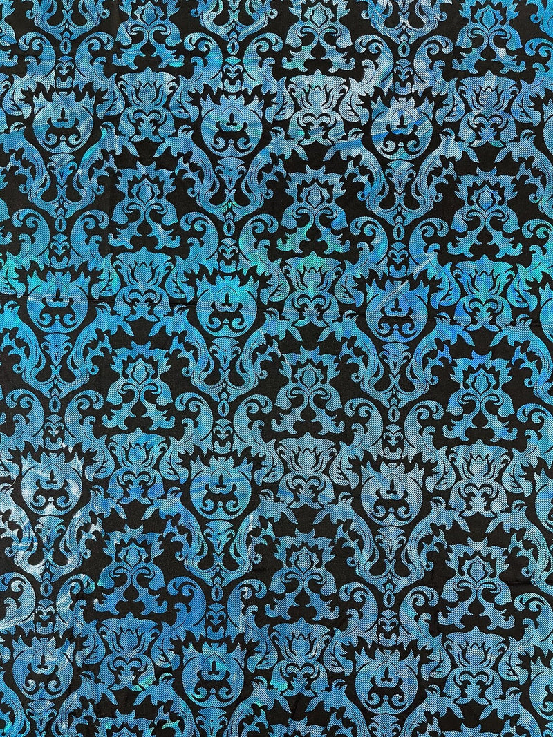 Metallic Damask Spandex - Turquoise / Black - Holographic Poly Spandex Stretch Damask Fabric By Yard