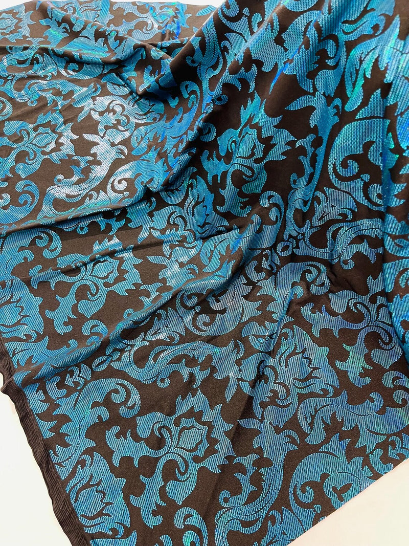 Metallic Damask Spandex - Turquoise / Black - Holographic Poly Spandex Stretch Damask Fabric By Yard