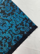 Metallic Damask Spandex - Turquoise / Black - Holographic Poly Spandex Stretch Damask Fabric By Yard